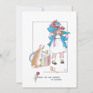 Tarjeta Festiva Chica Cute Vintage con Easter Bonnet, Bunny & Chic