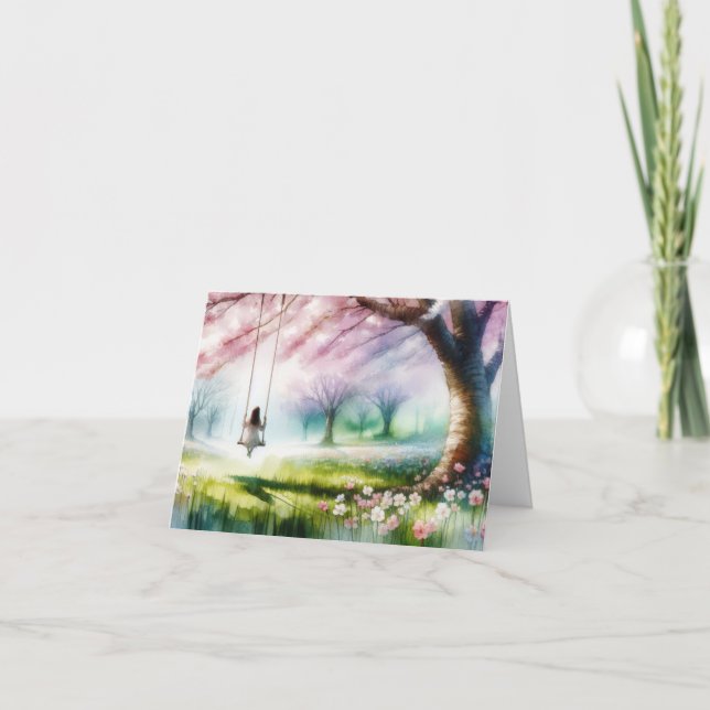 Tarjeta Festiva Chica de acuarela en un giro (Anverso)