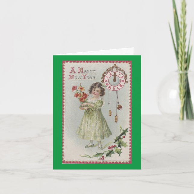Tarjeta Festiva Chica de Año Nuevo Vintage (Anverso)