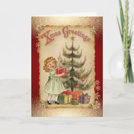 Tarjeta Festiva Chica de árbol de pino vintage Snowflakes Red Holi