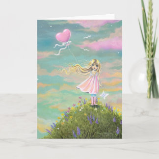 Tarjeta Festiva Chica de arte caprichoso lindo con globo de corazó