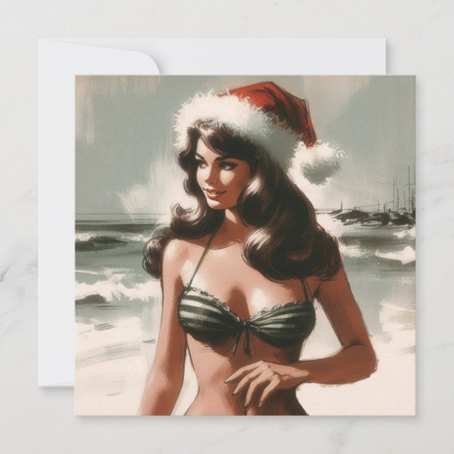 Tarjeta Festiva Chica de cosecha en bikini y alfiler de Santa Hat (Anverso)