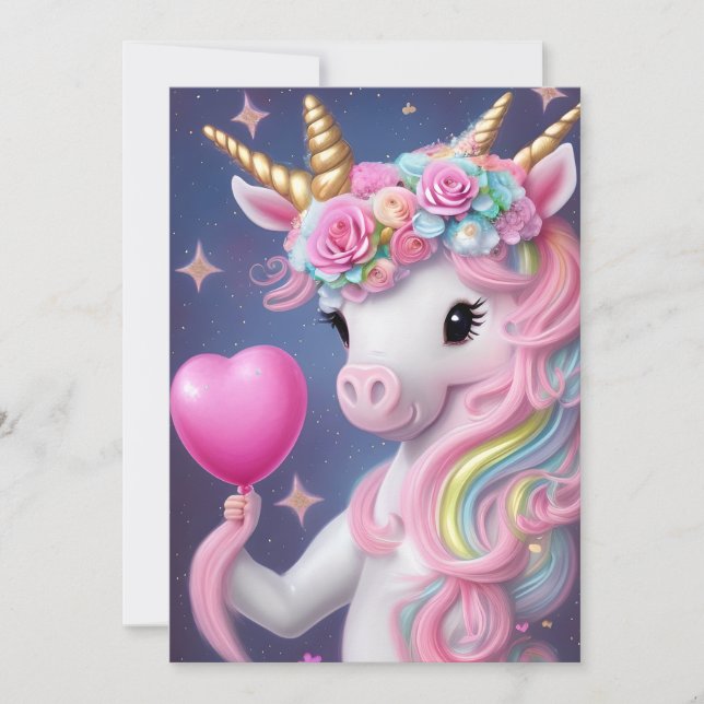 Tarjeta Festiva Chica de cumpleaños bebé rosa Unicorn (Anverso)