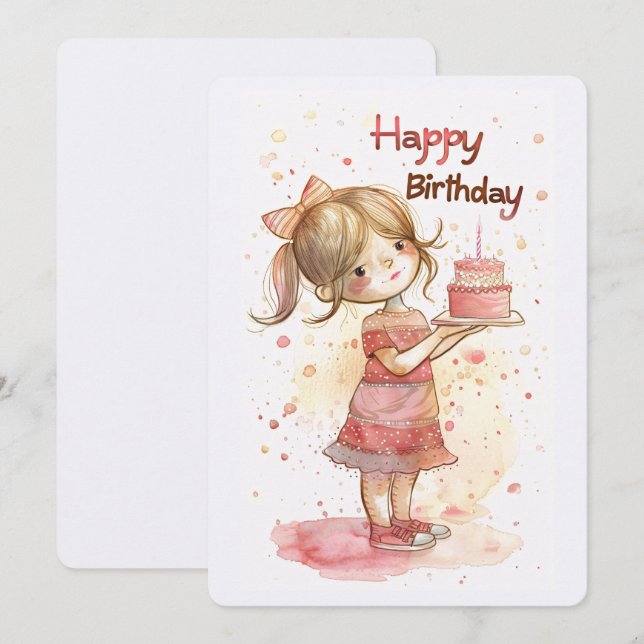 Tarjeta Festiva Chica de Cumpleaños con Tarta (Anverso / Reverso)