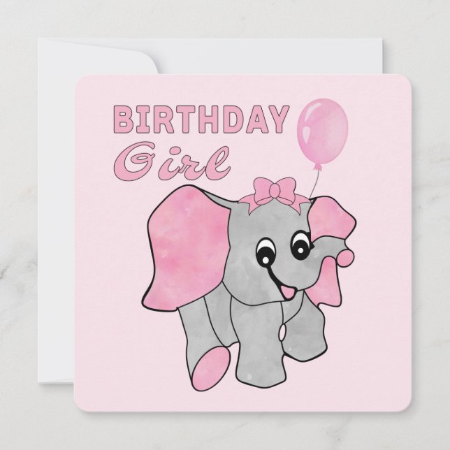 Tarjeta Festiva Chica de cumpleaños elefante bebé rosa (Anverso)