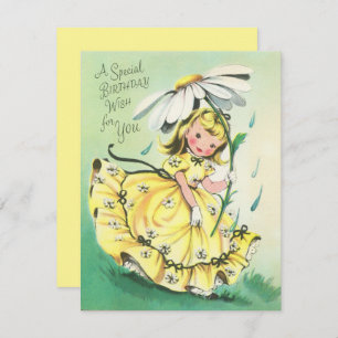 Tarjeta Festiva Chica de cumpleaños retro vintage con una margarit