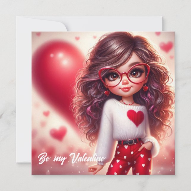 Tarjeta Festiva Chica de dibujos animados tímida con San Valentín  (Anverso)