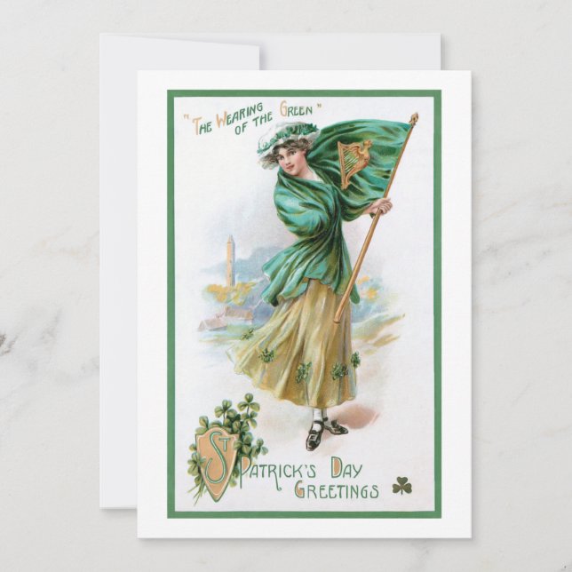 Tarjeta Festiva Chica de época, bandera irlandesa, vestida de verd (Anverso)