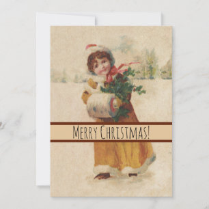 Tarjeta Festiva Chica de invierno de Navidades antiguos niño