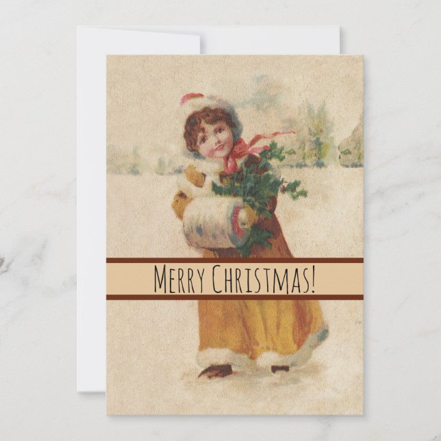 Tarjeta Festiva Chica de invierno de Navidades antiguos niño (Anverso)