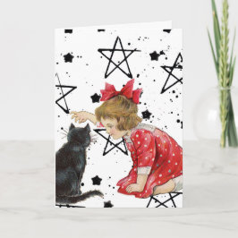 Tarjeta Festiva Chica de la época y Halloween del Gato Negro