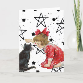 Tarjeta Festiva Chica de la época y Halloween del Gato Negro