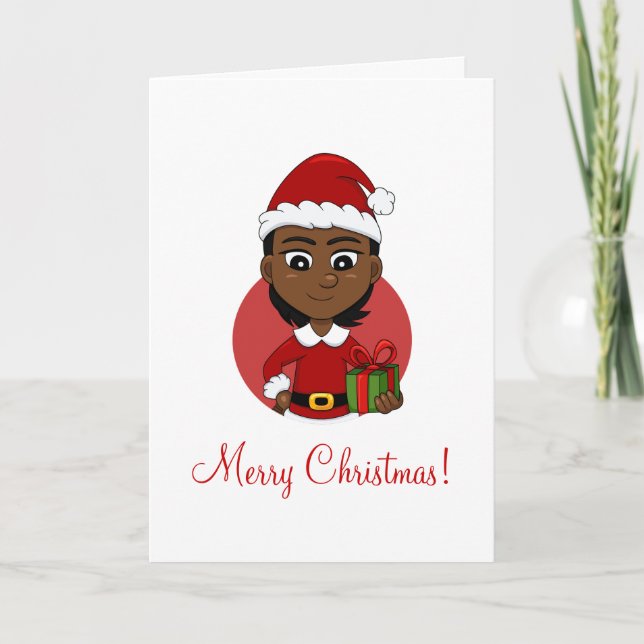Tarjeta Festiva Chica de Navidades afroamericanos de pelo corto (Anverso)