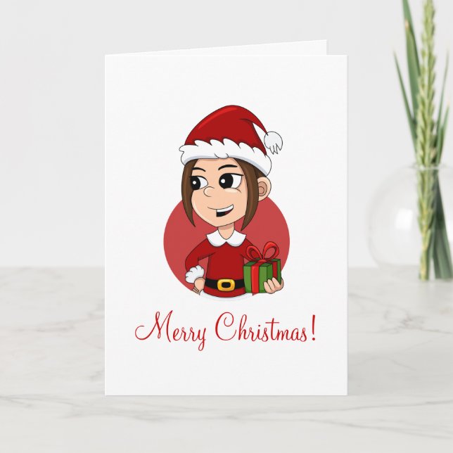 Tarjeta Festiva Chica de Navidades cortos con pelo castaño (Anverso)