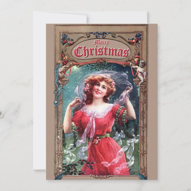 Tarjeta Festiva Chica de Navidades de Art Nouveau con Holly y Mist (Anverso)