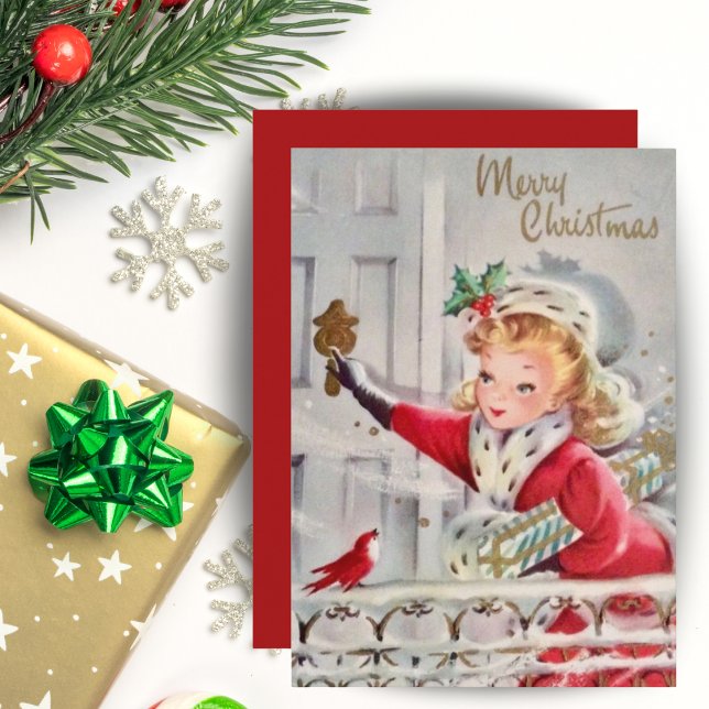 Tarjeta Festiva Chica de Navidades Retro con Regalos Personalizado (Vintage Retro Christmas Girl with Gifts Custom Holiday Card. Add a special message and your name!)