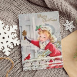 Tarjeta Festiva Chica de Navidades Retro con Regalos Personalizado<br><div class="desc">Un ilustracion vintage de mediados de siglo de un hermoso chica cargando regalos envueltos de Navidades y golpeando en la puerta de entrada mientras un lindo pájaro rojo mira. El sentimiento dentro de las cartas dice "Que las vacaciones te traigan felicidad y alegría a ti y a tus seres queridos....</div>