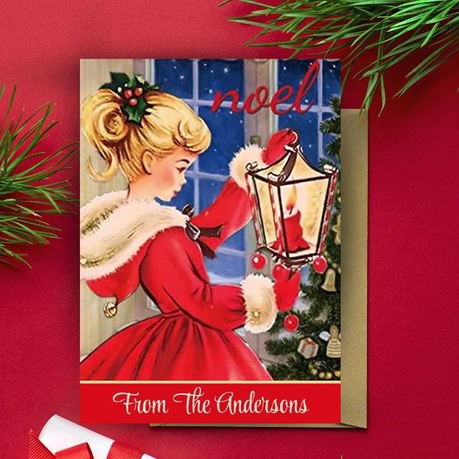 Tarjeta Festiva Chica de Navidades retro en Pony Tail Personalizad (Vintage Retro Christmas Girl in Pony Tail Custom Holiday Card.  Add your name and special message!)