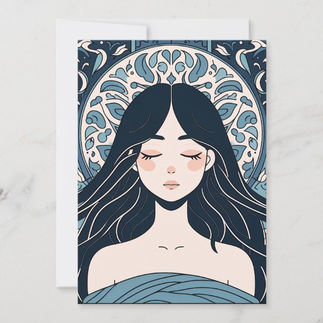 Tarjeta Festiva Chica De Nilo Otomano - Aura Floral Azul Serene (Anverso)