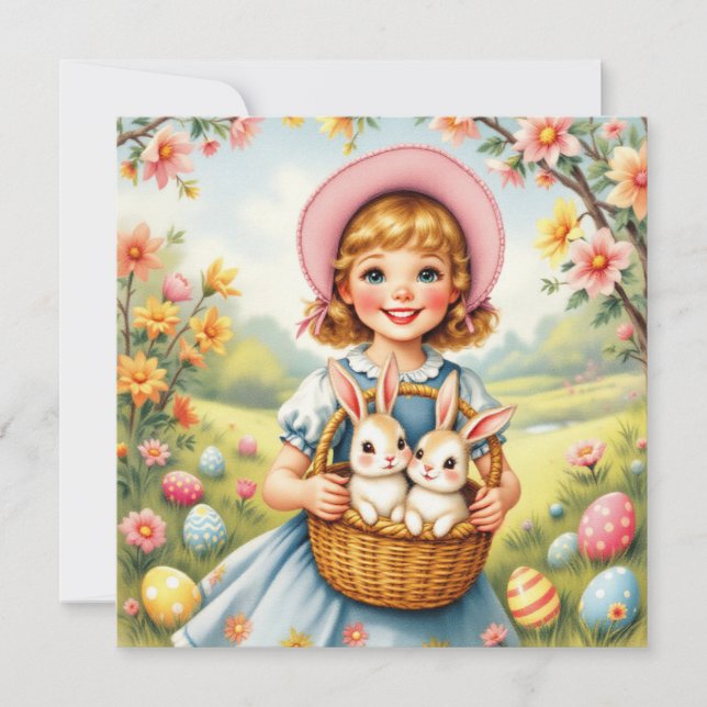 Tarjeta Festiva Chica de Pascua con conejitos (Anverso)