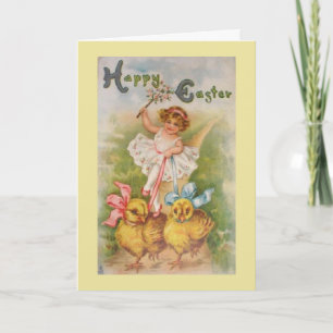 Tarjeta Festiva Chica de Pascua del vintage y polluelos amarillos,