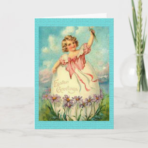 Tarjeta Festiva Chica de Pascua Vintage en Huevo sobre Flores Púrp