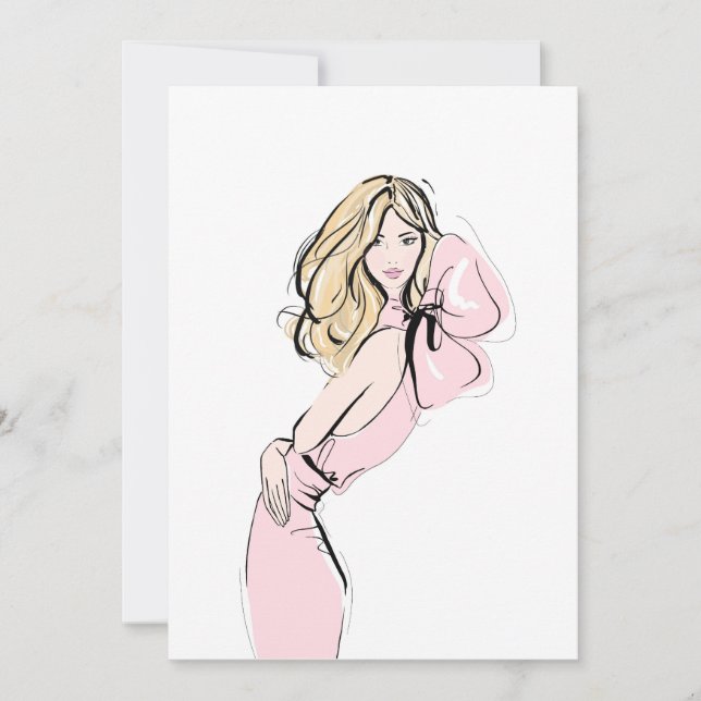 Tarjeta Festiva Chica de pelo rubio de moda con vestido rosa (Anverso)