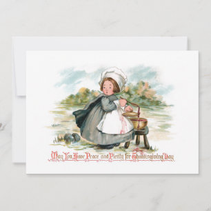 Tarjeta Festiva Chica de peregrino de época con olla de cocina
