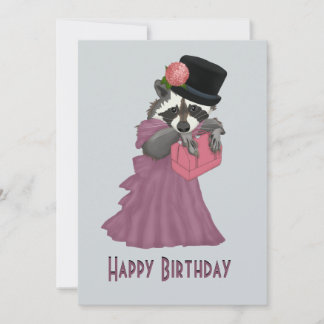 Tarjeta Festiva Chica de Raccoon con vestido rosa Feliz cumpleaños