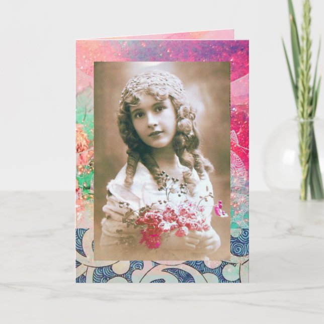Tarjeta Festiva Chica DE VINTAJE CON FLORES (Anverso)