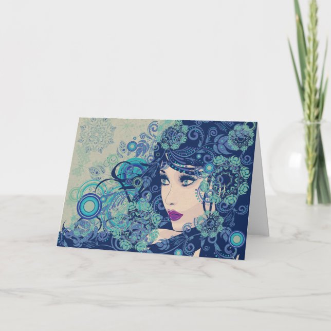 Tarjeta Festiva Chica del invierno con el Grunge floral 3 (Anverso)