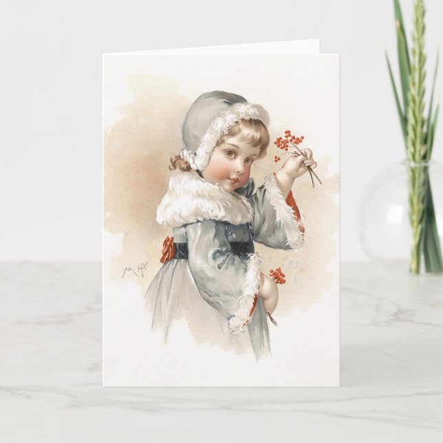 Tarjeta Festiva Chica del invierno de Maud Humphrey (Anverso)