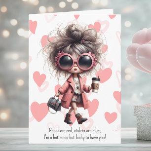 Tarjeta Festiva Chica Desordenada y Divertida Corazones Rosados Dí