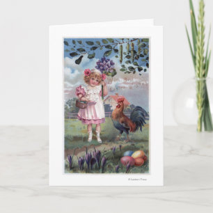 Tarjeta Festiva Chica en el rosa que sostiene las flores púrpuras