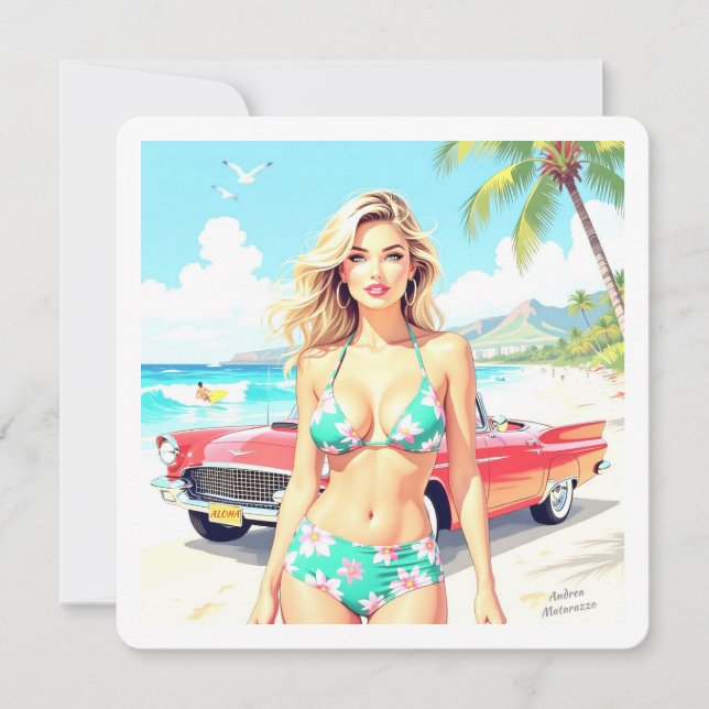 Tarjeta Festiva Chica en la playa con un coche clásico (Anverso)