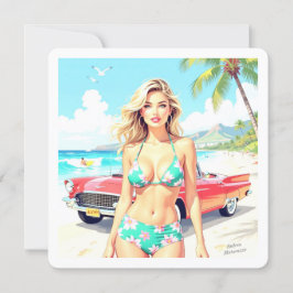 Tarjeta Festiva Chica en la playa con un coche clásico