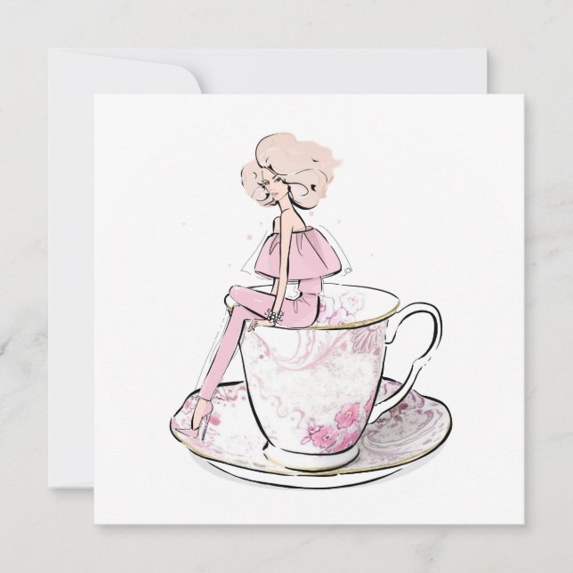 Tarjeta Festiva Chica en té rosa floral (Anverso)