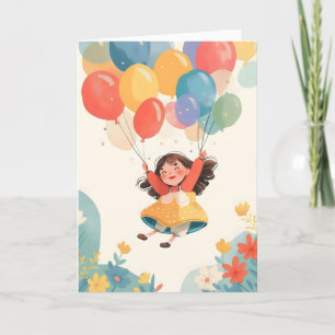 Tarjeta Festiva Chica feliz de los globos coloridos