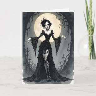 Tarjeta Festiva Chica gótica y Halloween de luna llena