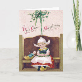 Tarjeta Festiva Chica holandés Doll Mistletoe Clog Pew