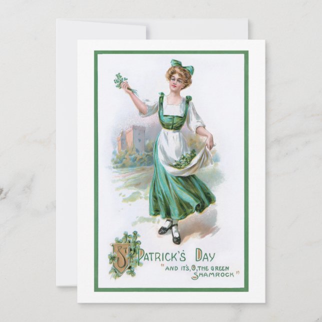 Tarjeta Festiva Chica irlandés vintage con Shamrock (Anverso)