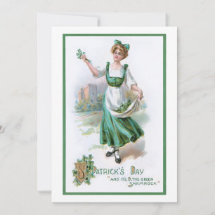 Tarjeta Festiva Chica irlandés vintage con Shamrock