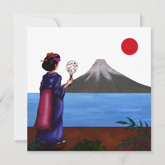 Tarjeta Festiva Chica japonés Geisha, el sol y la montaña Fuji (Anverso)