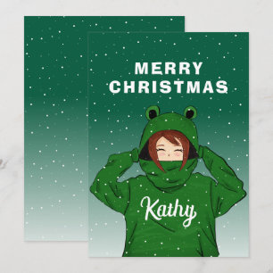 Tarjeta Festiva Chica linda con capucha de rana verde Dibujo de Na