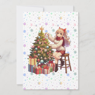 Tarjeta Festiva Chica linda de anime podando el árbol