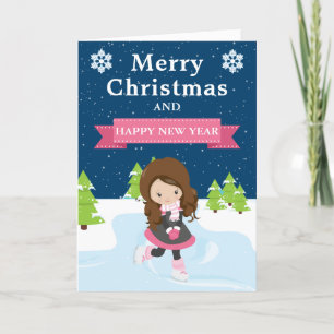 Tarjeta Festiva Chica morena patinadora sobre hielo navideña festi