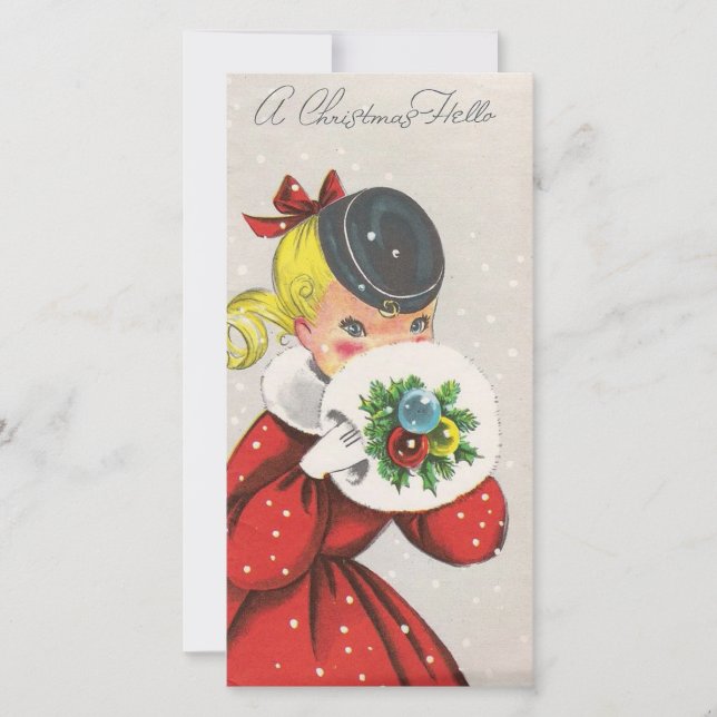 Tarjeta Festiva Chica navideño vintage Hello (Anverso)