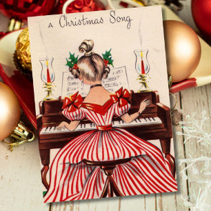 Tarjeta Festiva Chica navideño vintage jugando al piano