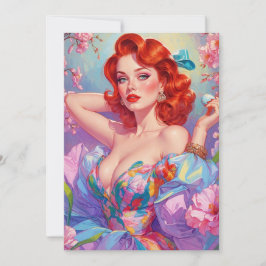 Tarjeta Festiva Chica Pelirroja de Ensueño con Flores Rosadas de H
