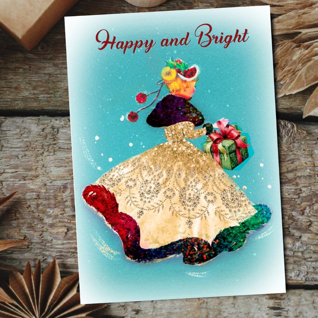 Tarjeta Festiva Chica purpurina de oro de la caja de regalo de Nav (Subido por el creador)